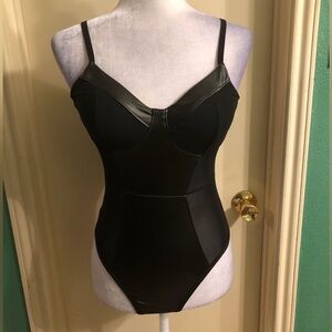 Bozzolo Mesh and Faux Leather Thong Bodysuit